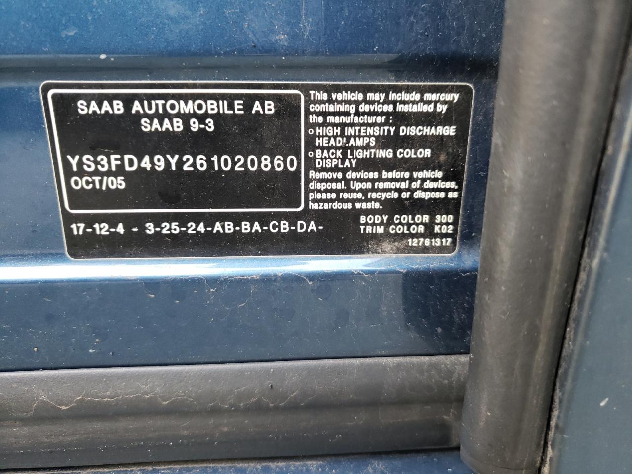 Photo 10 from auction – 2006 SAAB 9-3 with VIN YS3FD49Y261020860