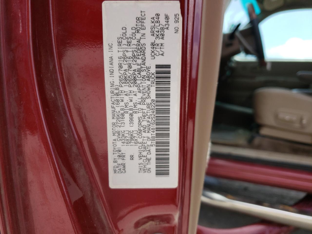 Photo 10 from auction – 2002 TOYOTA TUNDRA ACC with VIN 5TBBT48162S248220