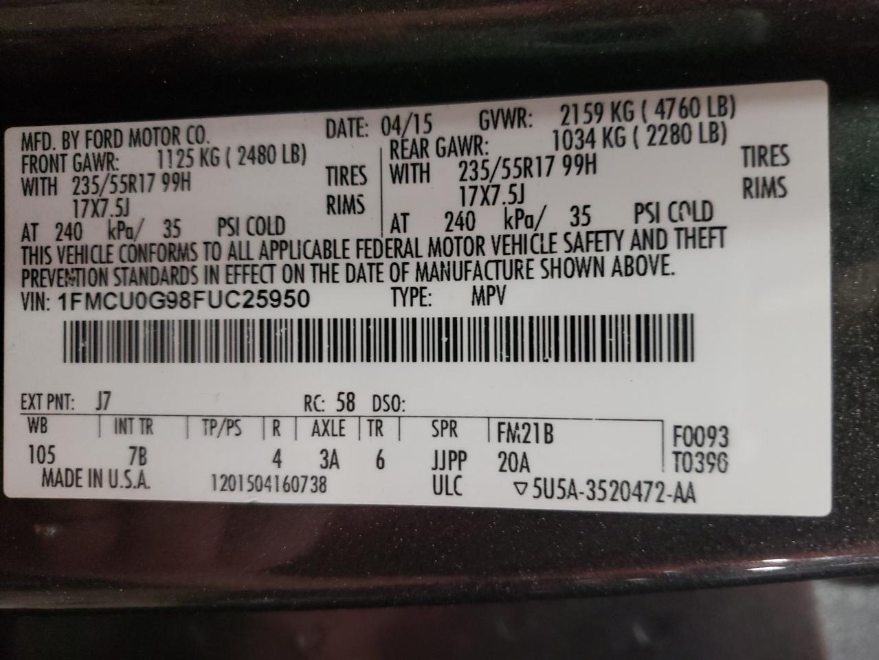 صورة رقم 10 من المزاد - 2015 FORD ESCAPE SE مع VIN 1FMCU0G98FUC25950
