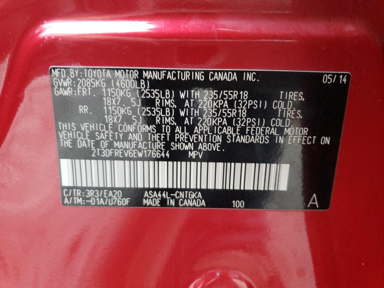 Photo 10 from auction – 2014 TOYOTA RAV4 LIMIT with VIN 2T3DFREV6EW176644