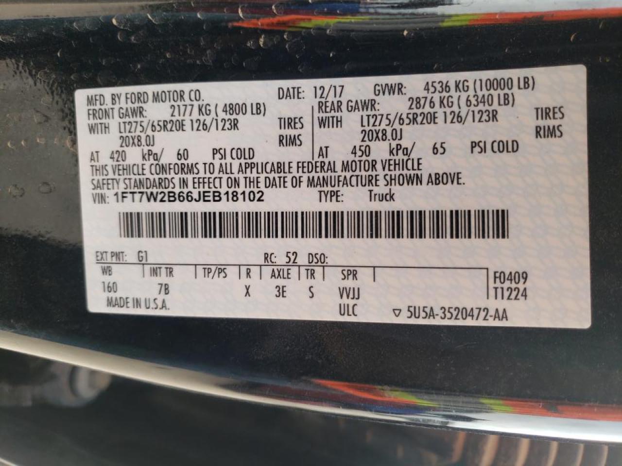 Photo 10 from auction – 2018 FORD F250 SUPER with VIN 1FT7W2B66JEB18102