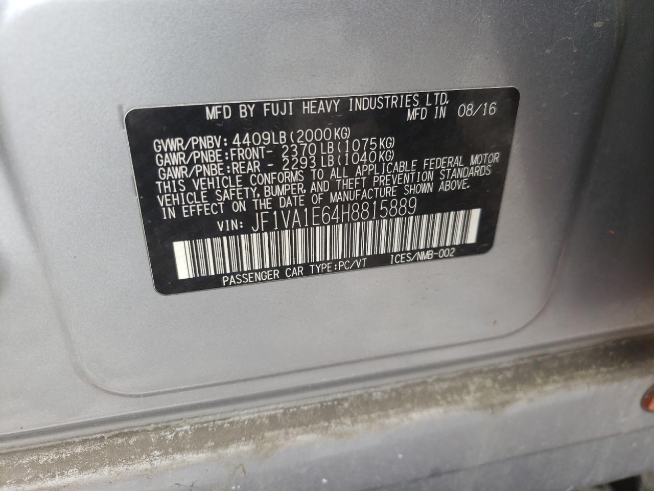 Photo 10 from auction – 2017 SUBARU WRX PREMIU with VIN JF1VA1E64H8815889