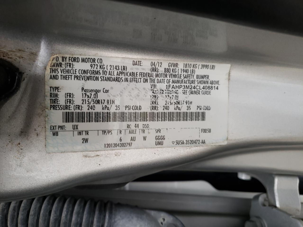 Photo 10 from auction – 2012 FORD FOCUS SEL with VIN 1FAHP3M24CL408814