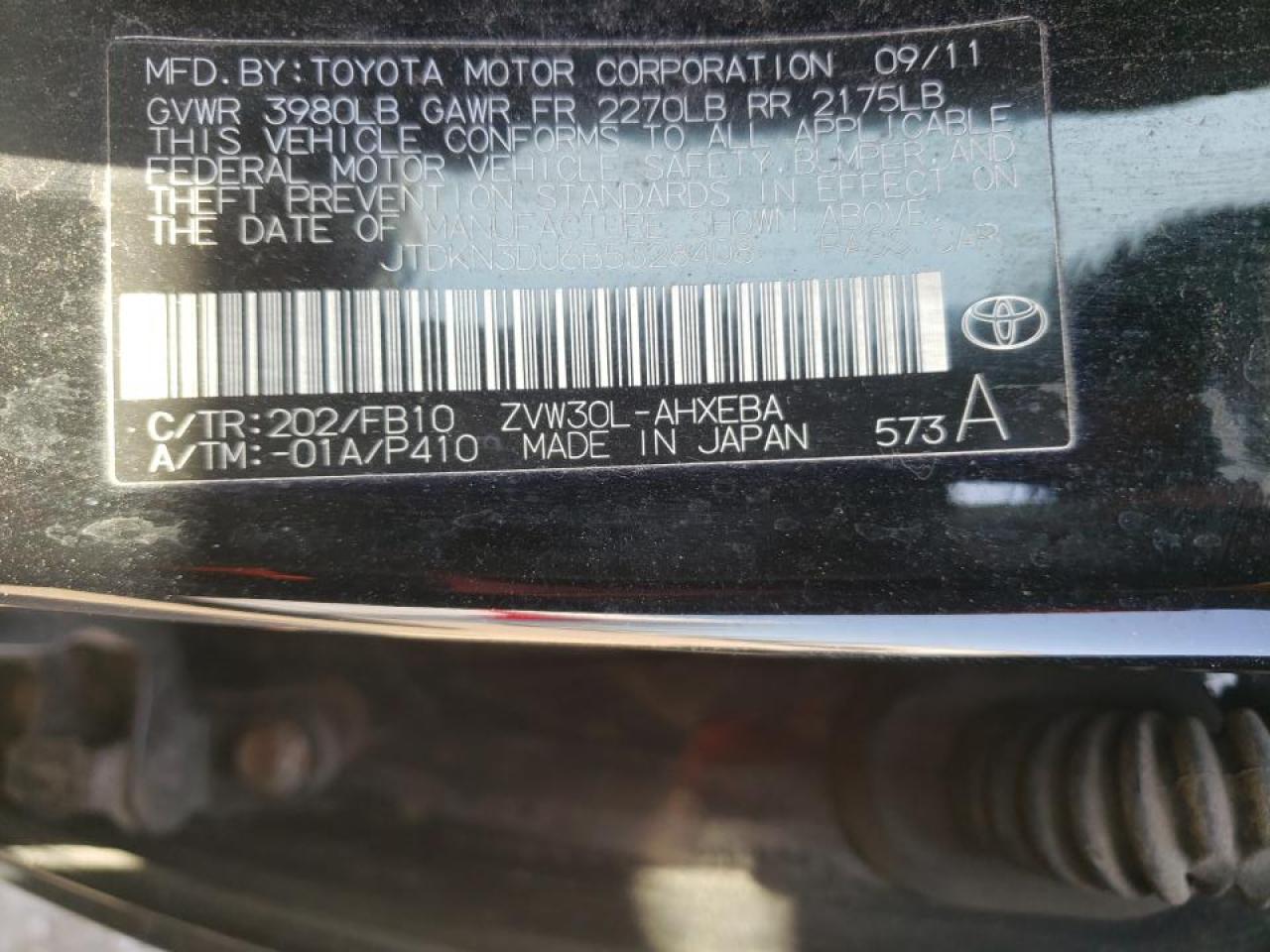 Photo 10 from auction – 2011 TOYOTA PRIUS with VIN JTDKN3DU6B5328408