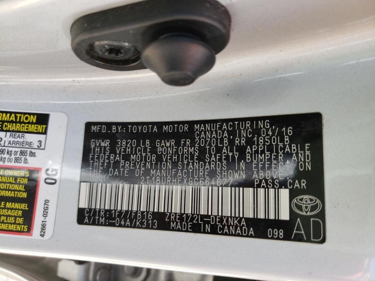 صورة رقم 10 من المزاد - 2016 TOYOTA COROLLA L مع VIN 2T1BURHEXGC664677