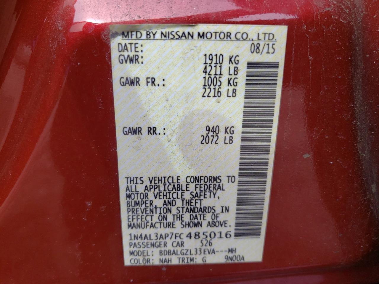Photo 10 from auction – 2015 NISSAN ALTIMA 2.5 with VIN 1N4AL3AP7FC485016