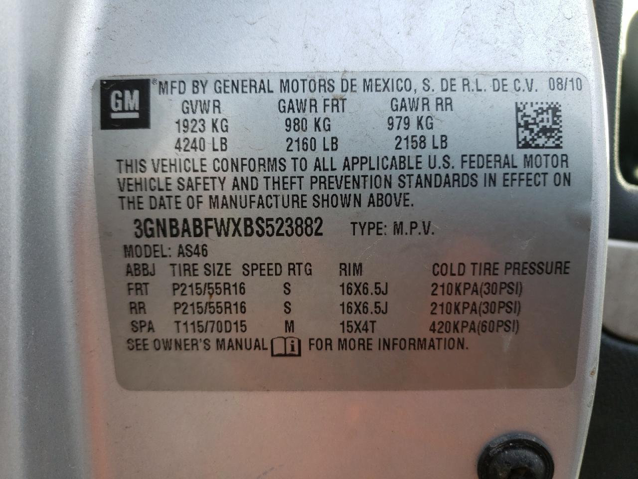Photo 10 from auction – 2011 CHEVROLET HHR LT with VIN 3GNBABFWXBS523882