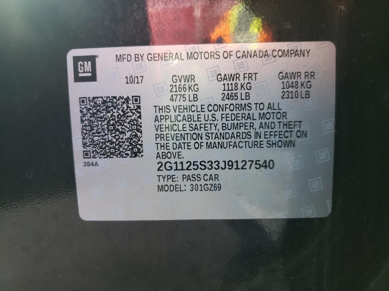 Photo 10 from auction – 2018 CHEVROLET IMPALA PRE with VIN 2G1125S33J9127540