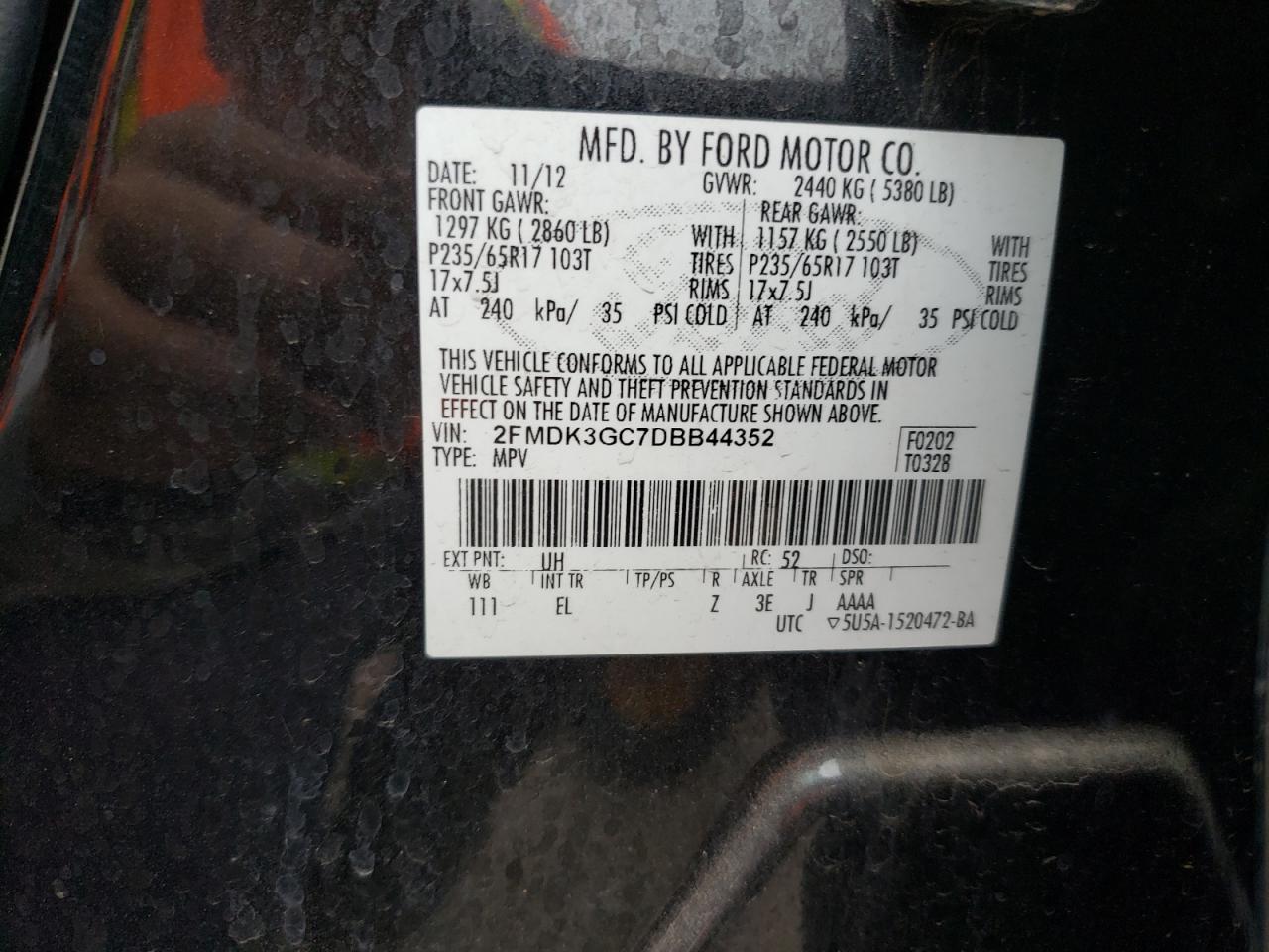 Photo 10 from auction – 2013 FORD EDGE SE with VIN 2FMDK3GC7DBB44352