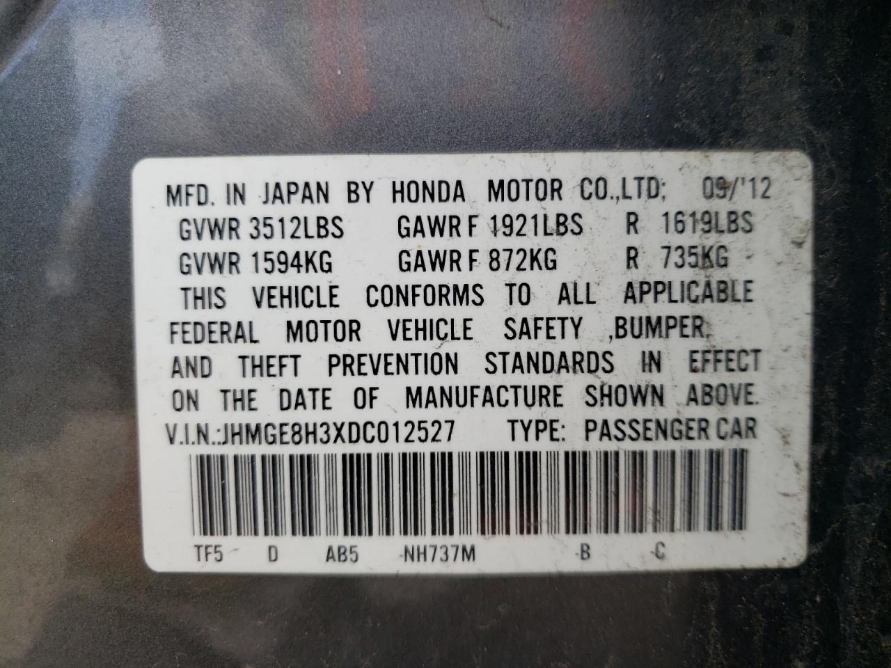Photo 10 from auction – 2013 HONDA FIT with VIN JHMGE8H3XDC012527
