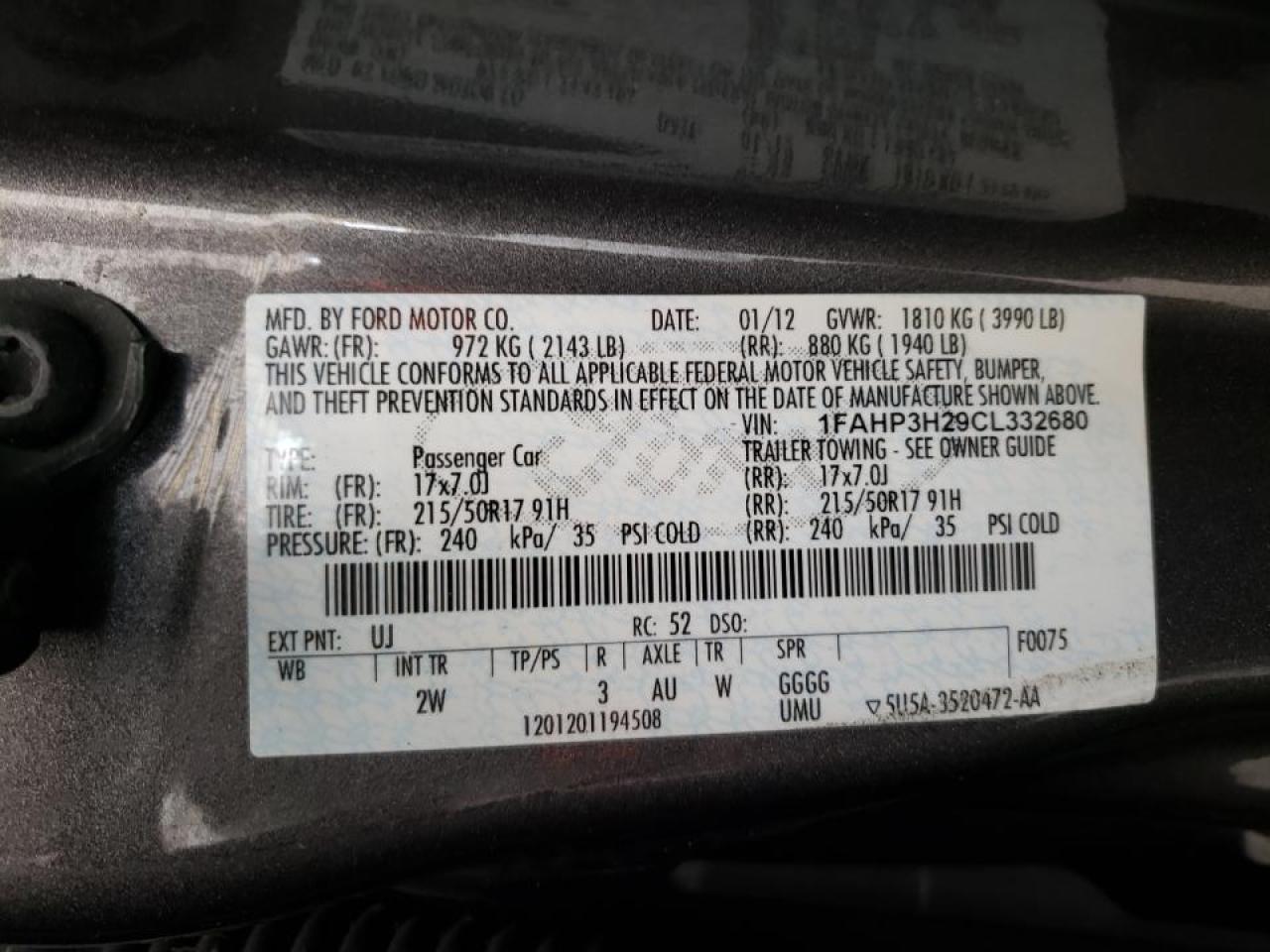 Photo 10 from auction – 2012 FORD FOCUS SEL with VIN 1FAHP3H29CL332680