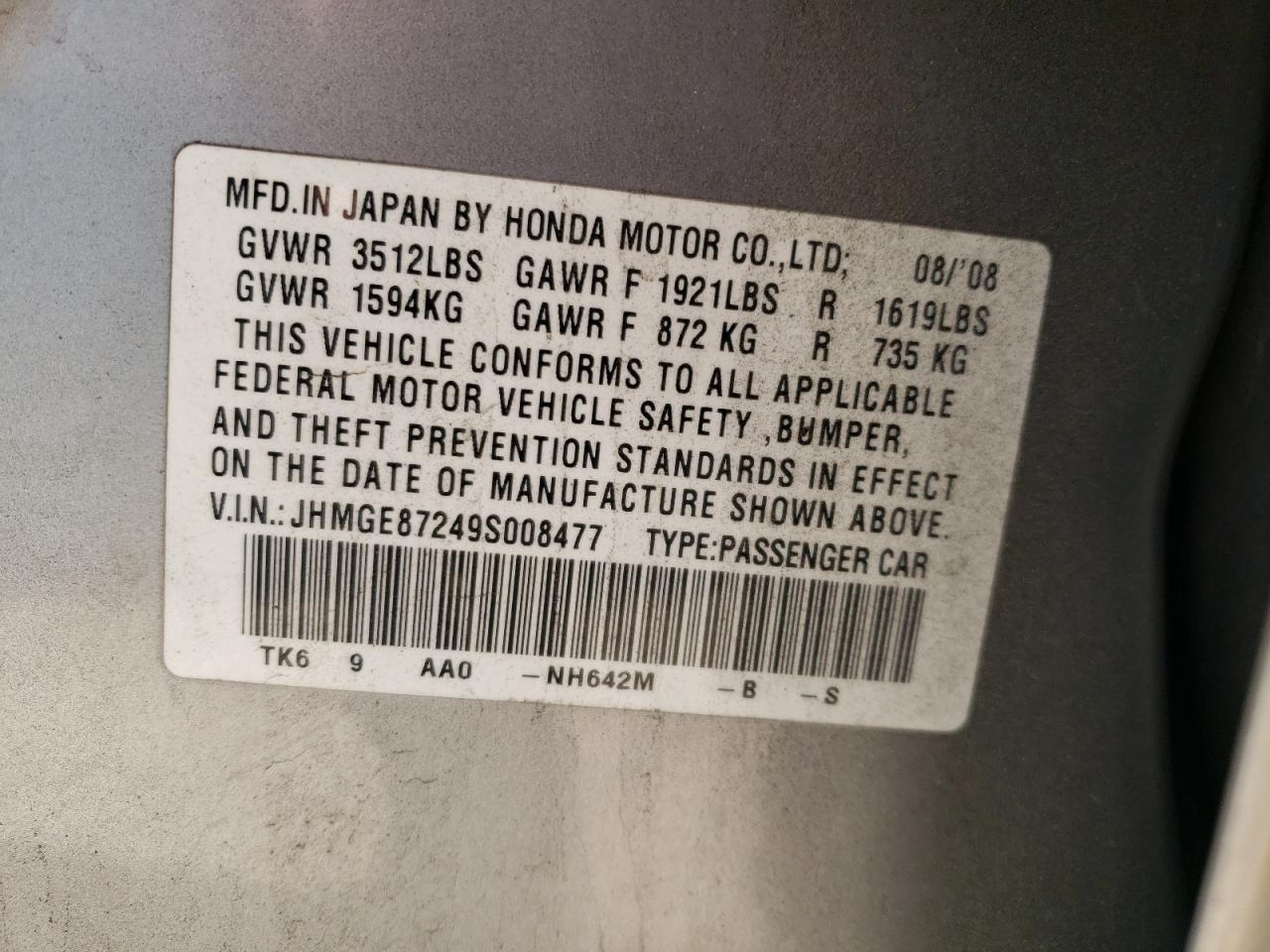 Photo 10 from auction – 2009 HONDA FIT with VIN JHMGE87249S008477