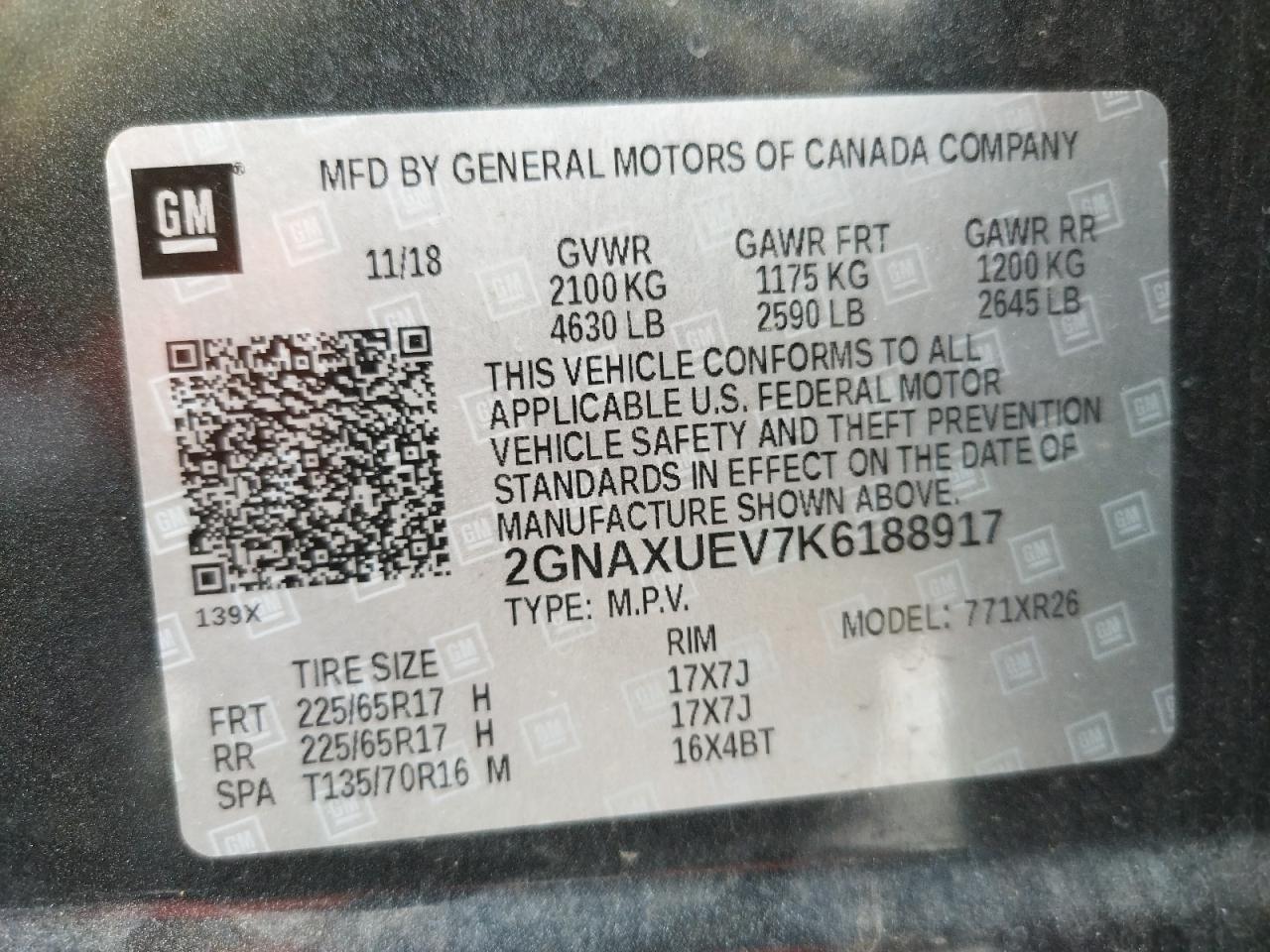 Photo 10 from auction – 2019 CHEVROLET EQUINOX LT with VIN 2GNAXUEV7K6188917