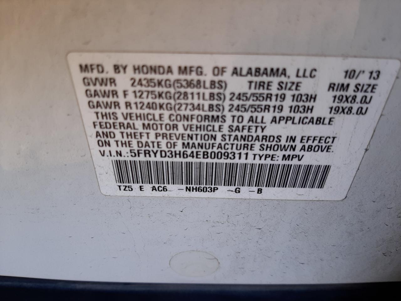 Photo 10 from auction – 2014 ACURA MDX TECHNO with VIN 5FRYD3H64EB009311