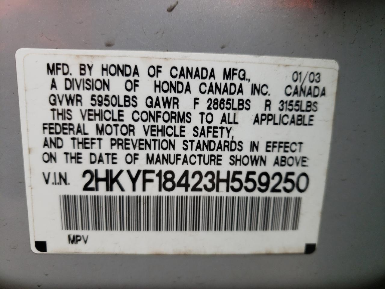 Photo 10 from auction – 2003 HONDA PILOT EX with VIN 2HKYF18423H559250