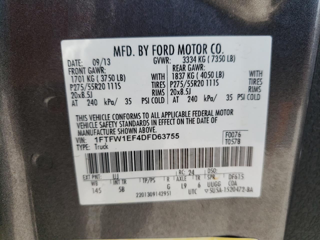 Photo 10 from auction – 2013 FORD F150 SUPER with VIN 1FTFW1EF4DFD63755