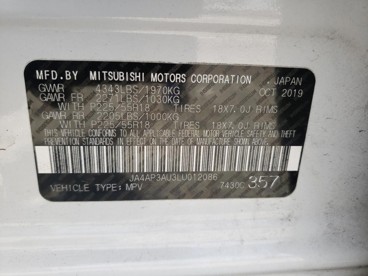 Photo 10 from auction – 2020 MITSUBISHI OUTLANDER with VIN JA4AP3AU3LU012086