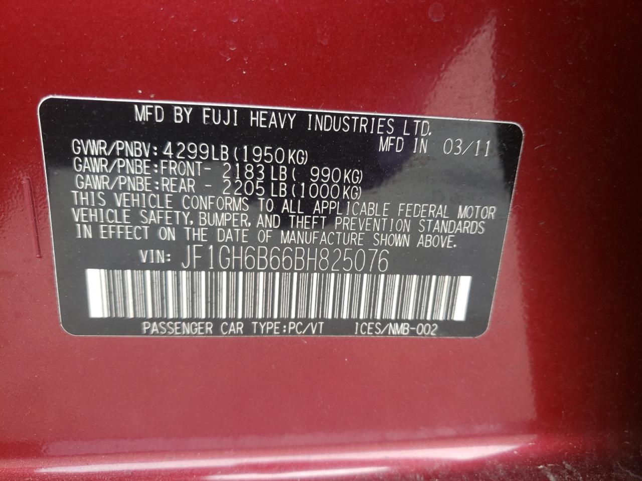 Photo 10 from auction – 2011 SUBARU IMPREZA with VIN JF1GH6B66BH825076