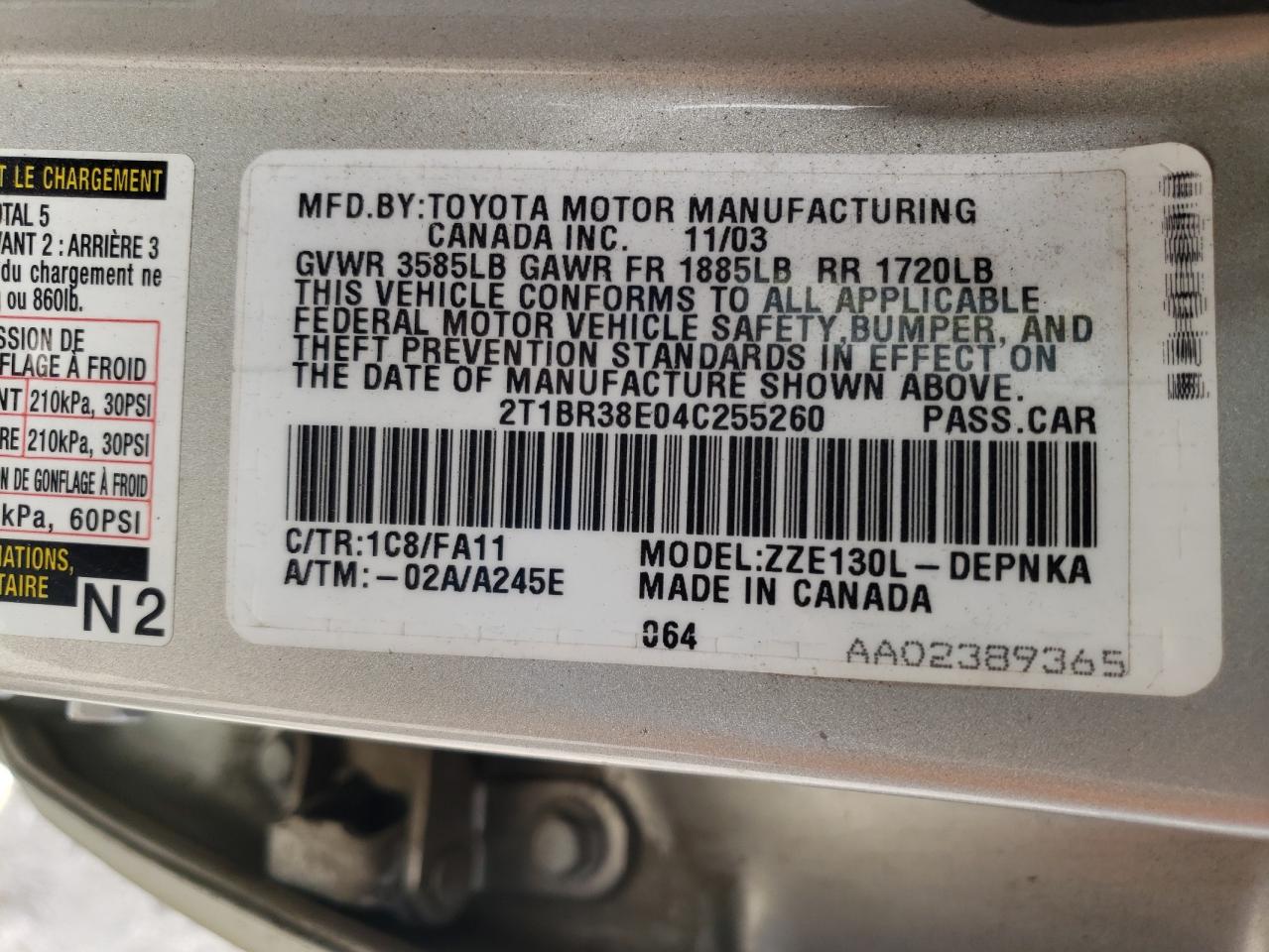 Photo 10 from auction – 2004 TOYOTA COROLLA CE with VIN 2T1BR38E04C255260