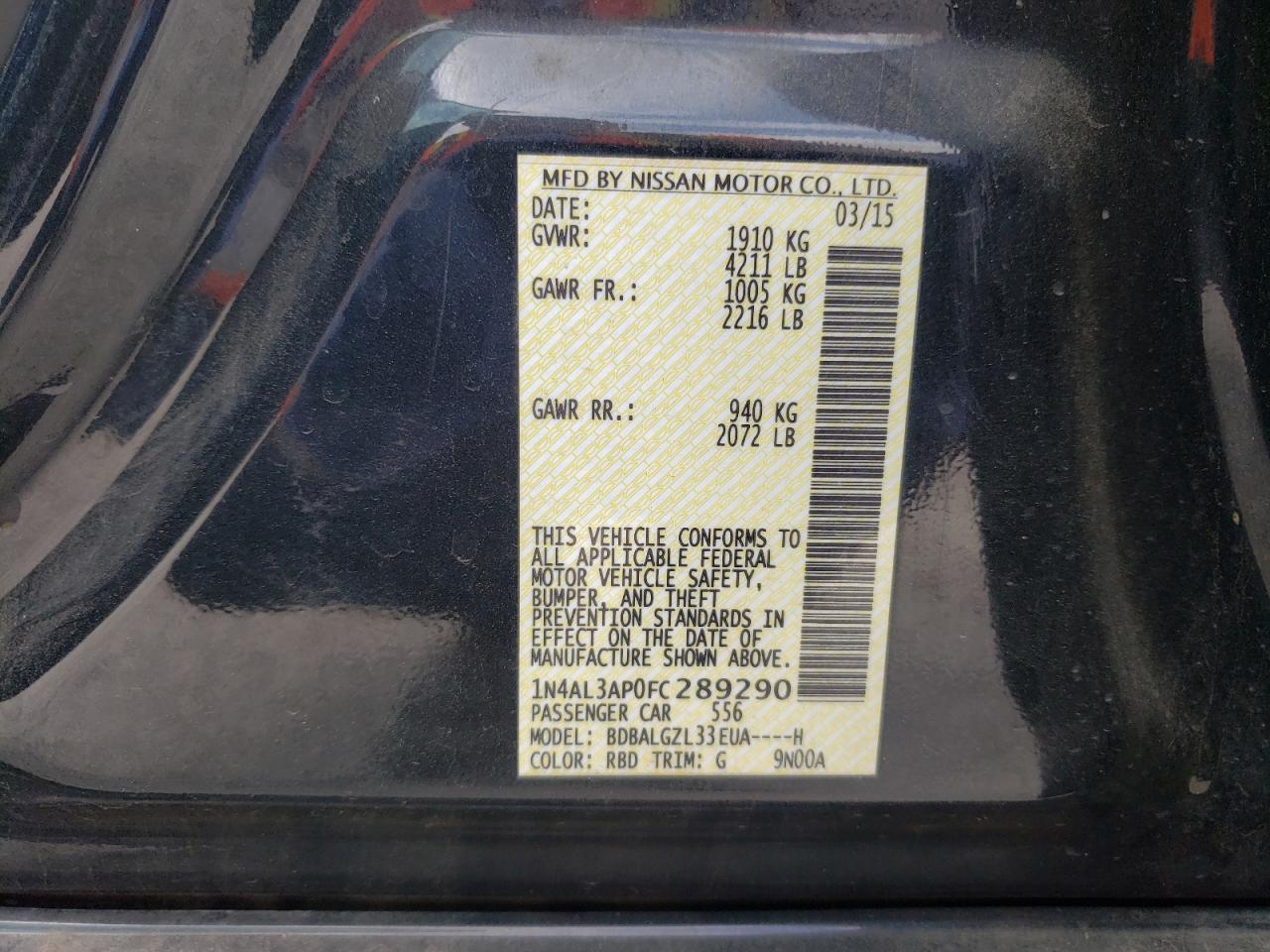 Photo 10 from auction – 2015 NISSAN ALTIMA 2.5 with VIN 1N4AL3AP0FC289290