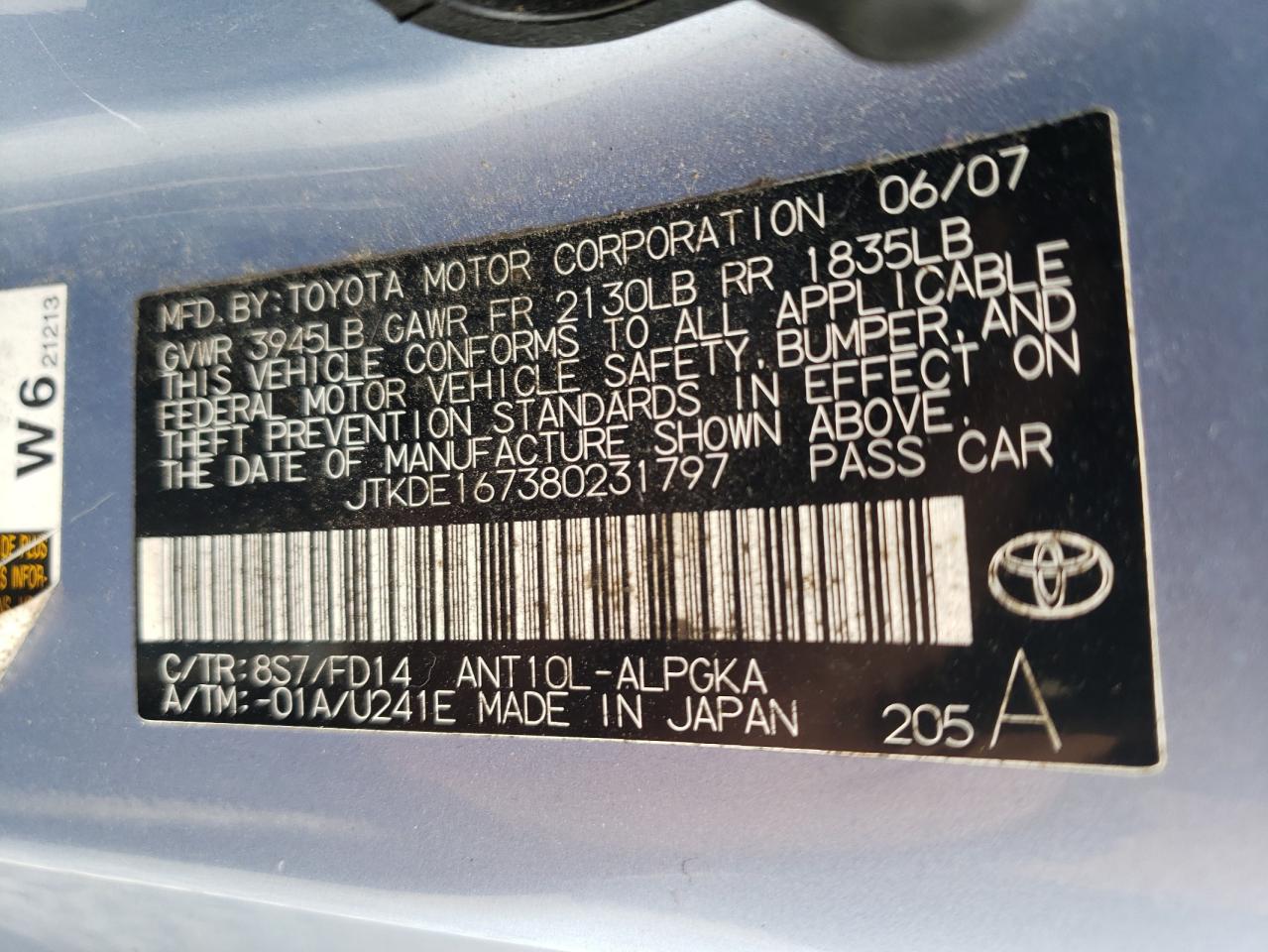 Photo 10 from auction – 2008 SCION TC with VIN JTKDE167380231797