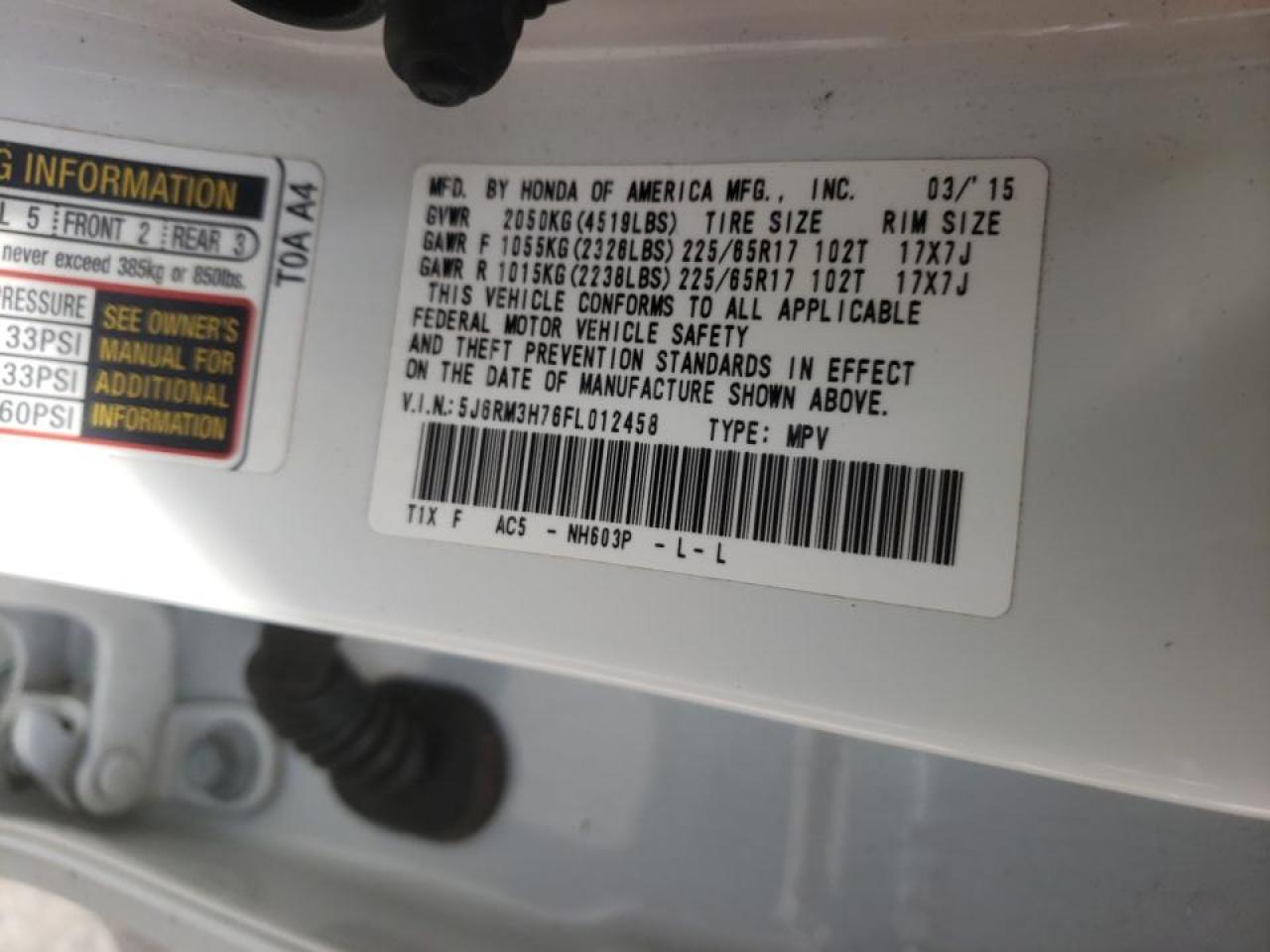 Photo 10 from auction – 2015 HONDA CR-V EXL with VIN 5J6RM3H76FL012458