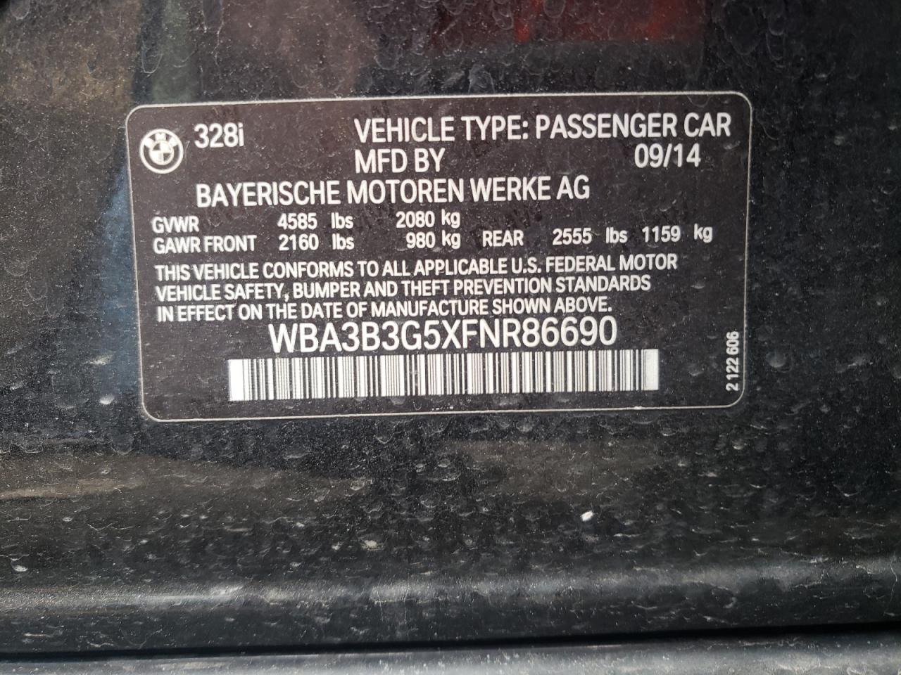 Photo 10 from auction – 2015 BMW 328 XI with VIN WBA3B3G5XFNR86690