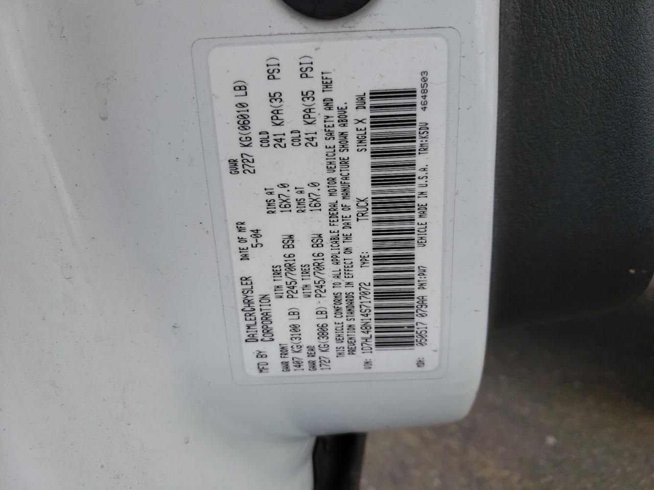Photo 10 from auction – 2004 DODGE DAKOTA QUA with VIN 1D7HL48N14S717072