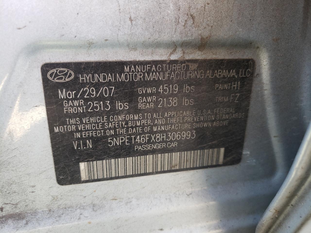 Photo 10 from auction – 2008 HYUNDAI SONATA GLS with VIN 5NPET46FX8H306993