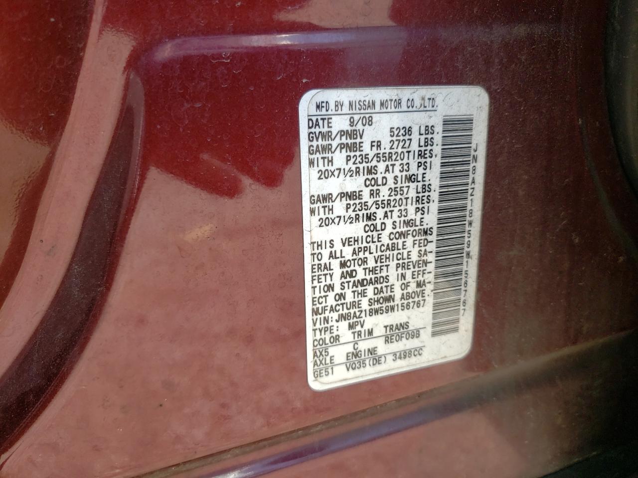 Photo 10 from auction – 2009 NISSAN MURANO S with VIN JN8AZ18W59W156767