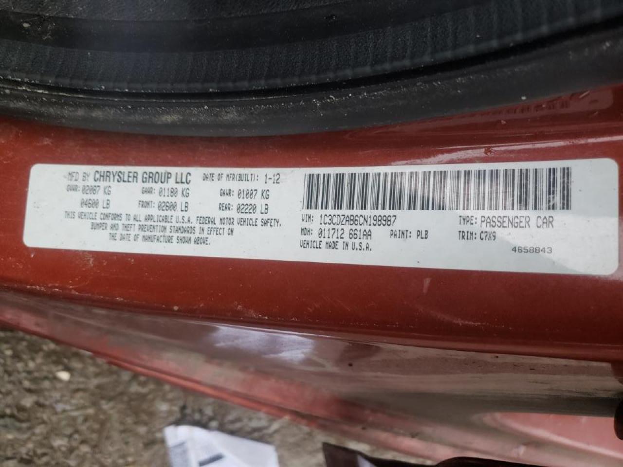 Photo 10 from auction – 2012 DODGE AVENGER SE with VIN 1C3CDZAB6CN198987