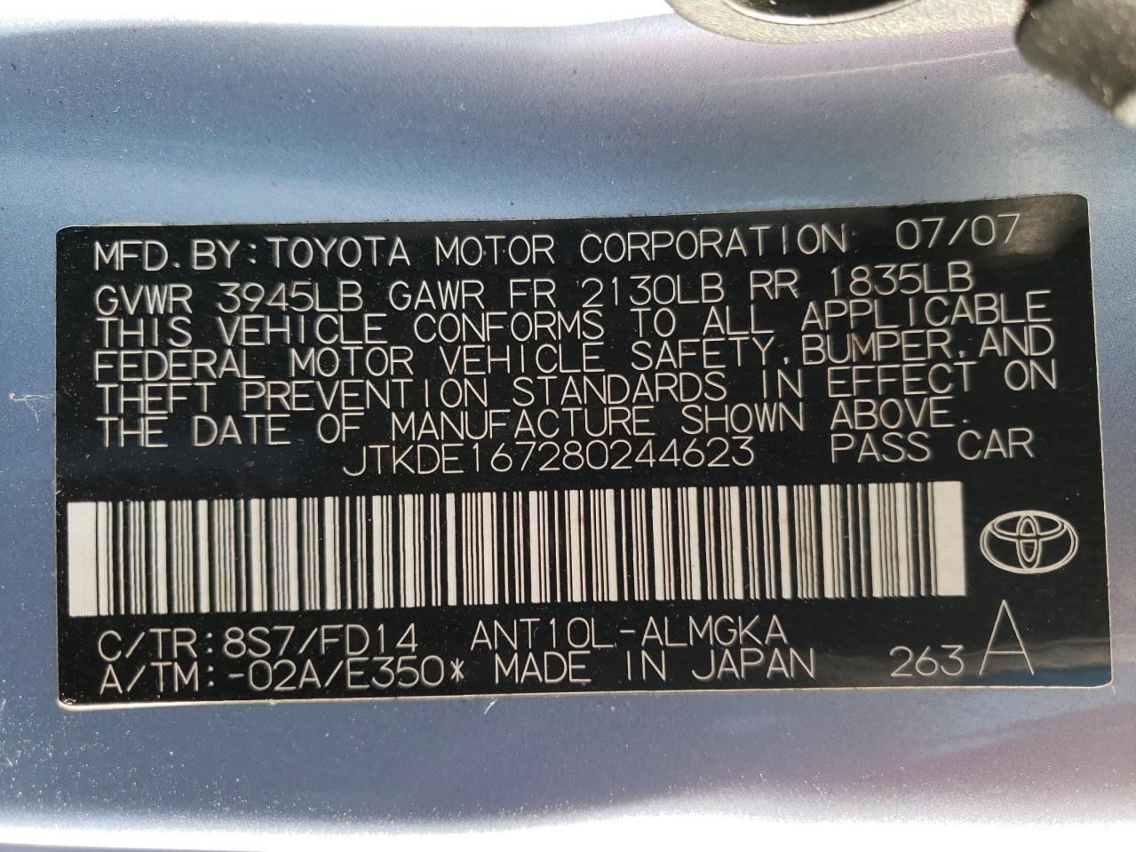 Photo 10 from auction – 2008 SCION TC with VIN JTKDE167280244623