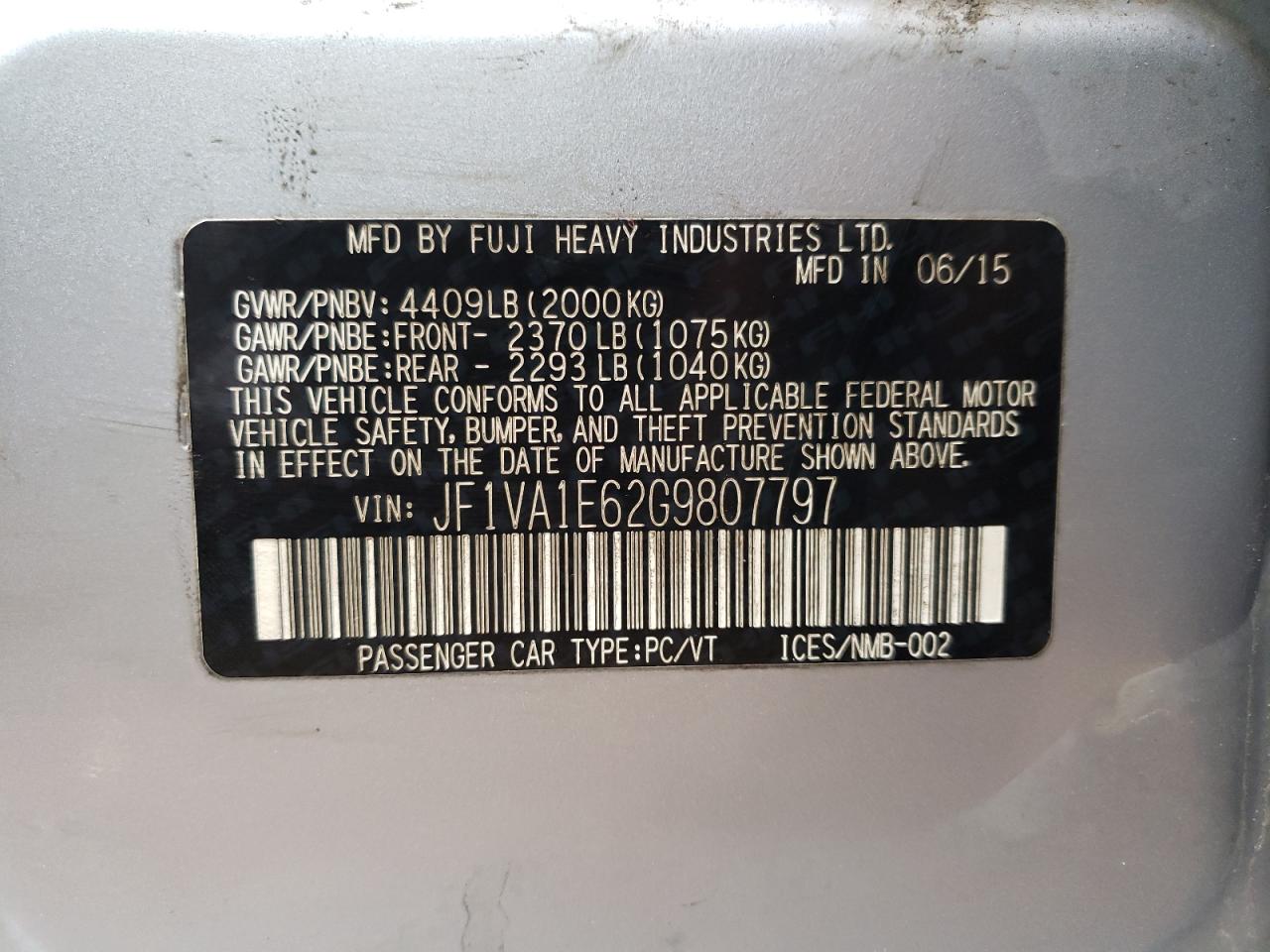 Photo 10 from auction – 2016 SUBARU WRX PREMIU with VIN JF1VA1E62G9807797