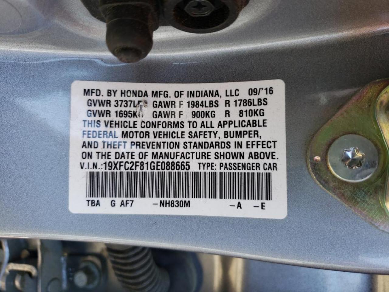 Photo 10 from auction – 2016 HONDA CIVIC EX with VIN 19XFC2F81GE088665