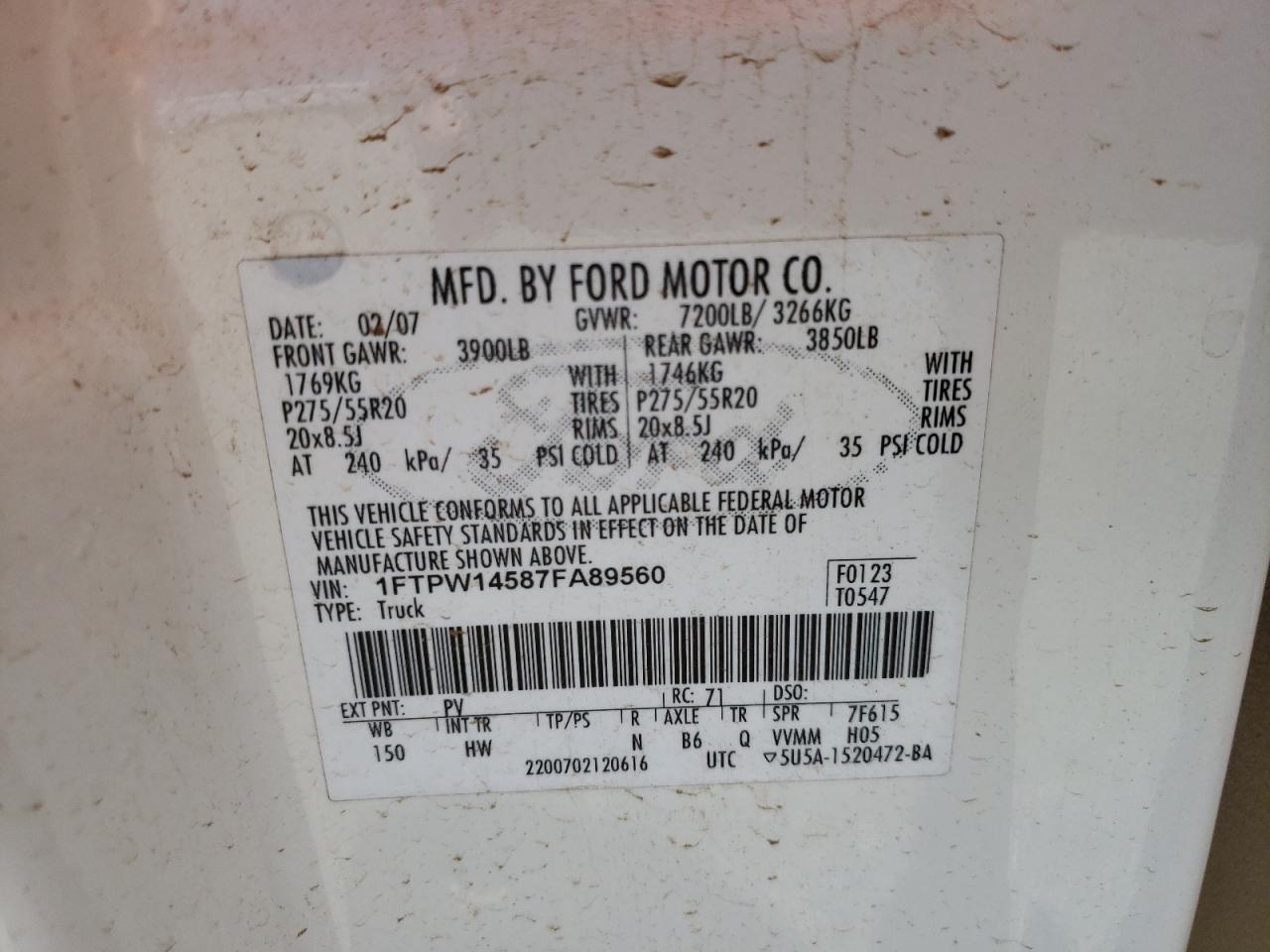 Photo 10 from auction – 2007 FORD F-150 with VIN 1FTPW14587FA89560