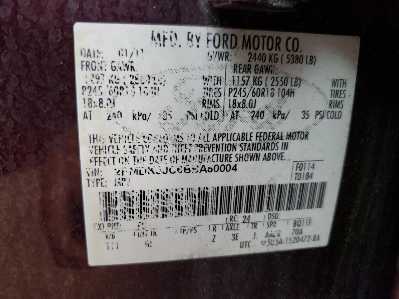 Photo 10 from auction – 2011 FORD EDGE SEL with VIN 2FMDK3JC6BBA80004