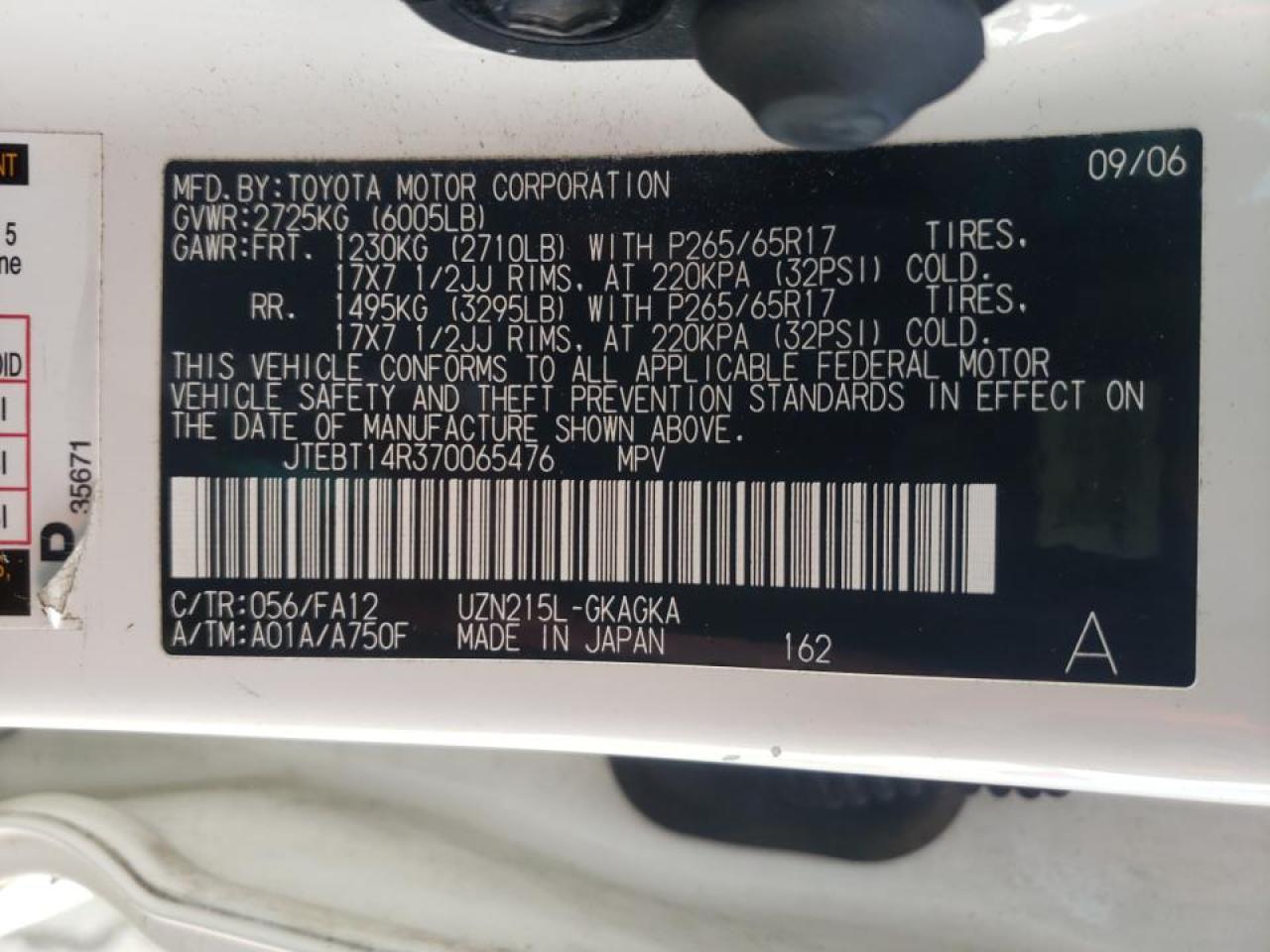 Photo 10 from auction – 2007 TOYOTA 4RUNNER SR with VIN JTEBT14R370065476