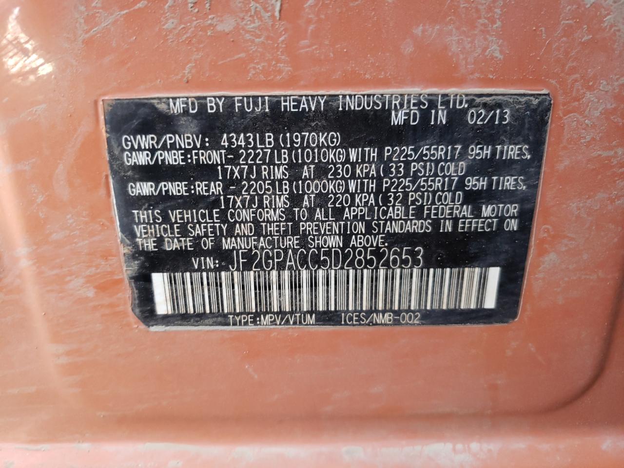 Photo 10 from auction – 2013 SUBARU XV CROSSTR with VIN JF2GPACC5D2852653