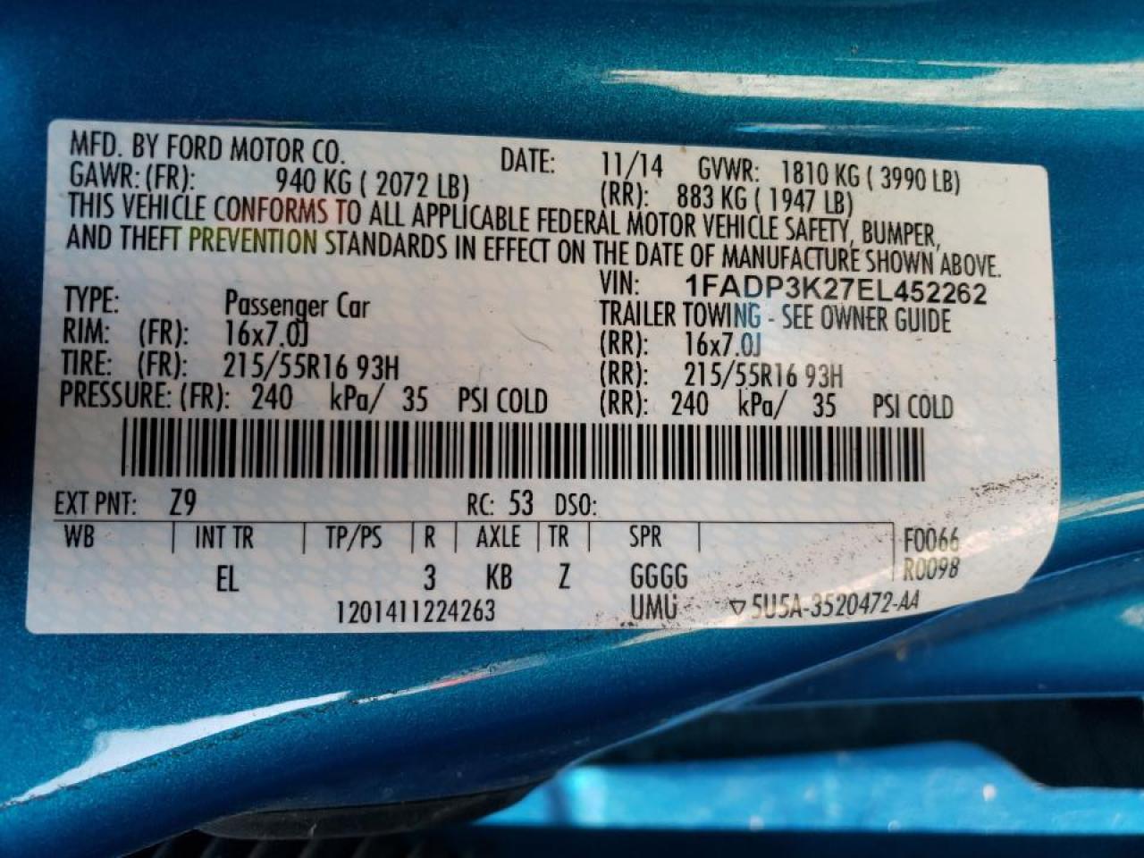 Photo 10 from auction – 2014 FORD FOCUS SE with VIN 1FADP3K27EL452262