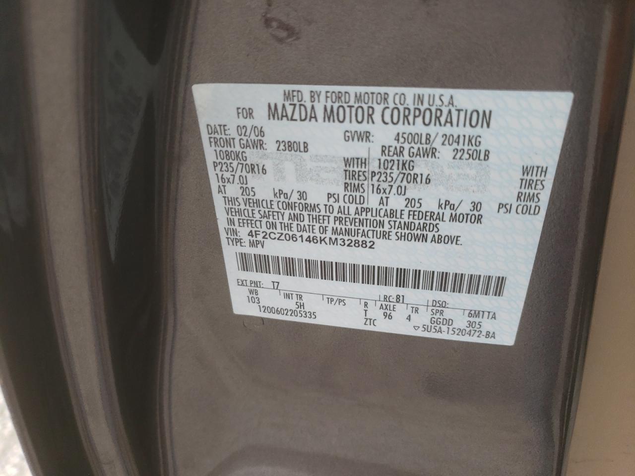 Photo 10 from auction – 2006 MAZDA TRIBUTE S with VIN 4F2CZ06146KM32882