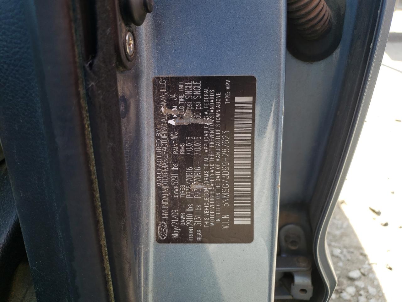 Photo 10 from auction – 2009 HYUNDAI SANTA FE with VIN 5NMSG73D99H287623