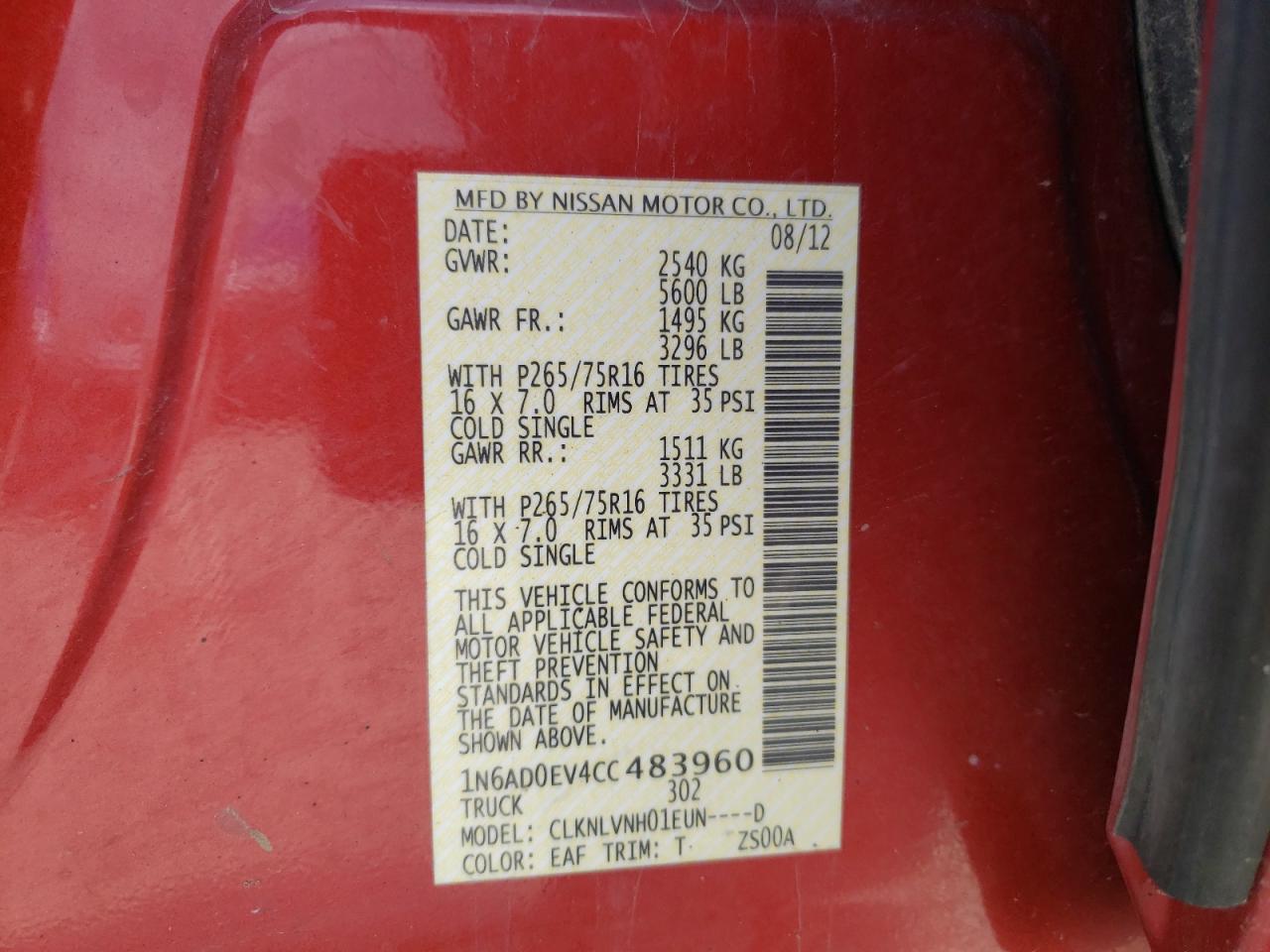 Photo 10 from auction – 2012 NISSAN FRONTIER S with VIN 1N6AD0EV4CC483960