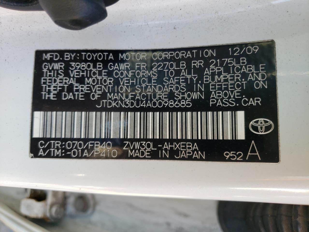 Photo 10 from auction – 2010 TOYOTA PRIUS with VIN JTDKN3DU4A0098685