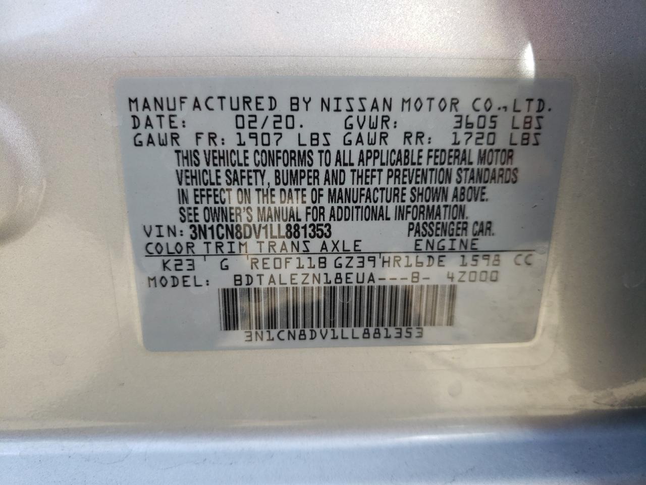 Photo 10 from auction – 2020 NISSAN VERSA S with VIN 3N1CN8DV1LL881353