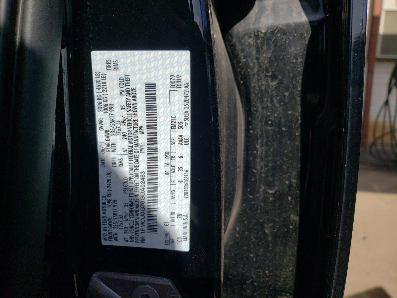 Photo 10 from auction – 2016 FORD ESCAPE SE with VIN 1FMCU0G70GUA02463