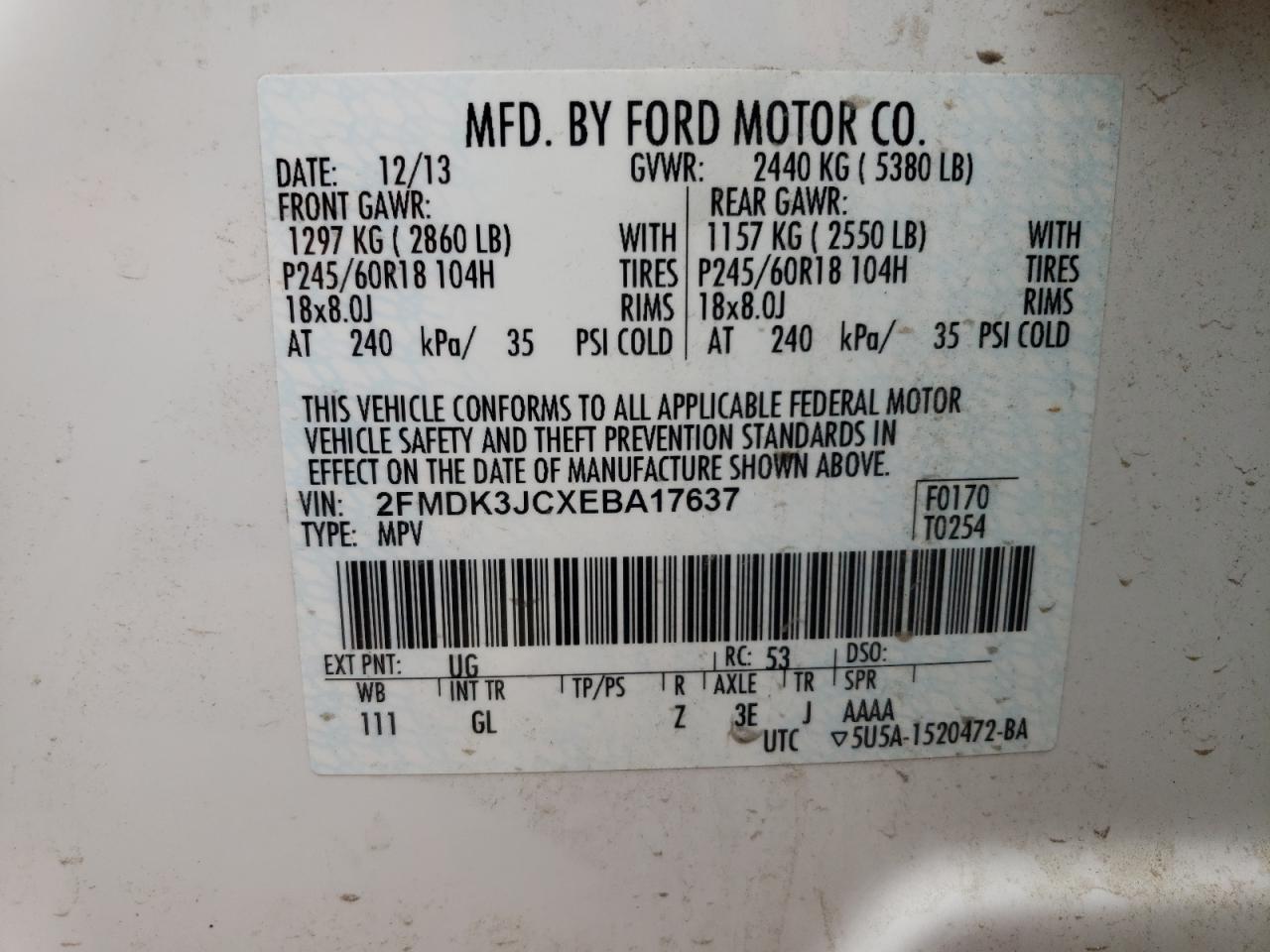 Photo 10 from auction – 2014 FORD EDGE SEL with VIN 2FMDK3JCXEBA17637