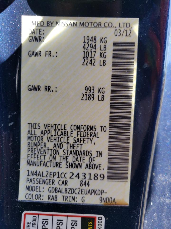 Photo 10 from auction – 2012 NISSAN ALTIMA S with VIN 1N4AL2EP1CC243189