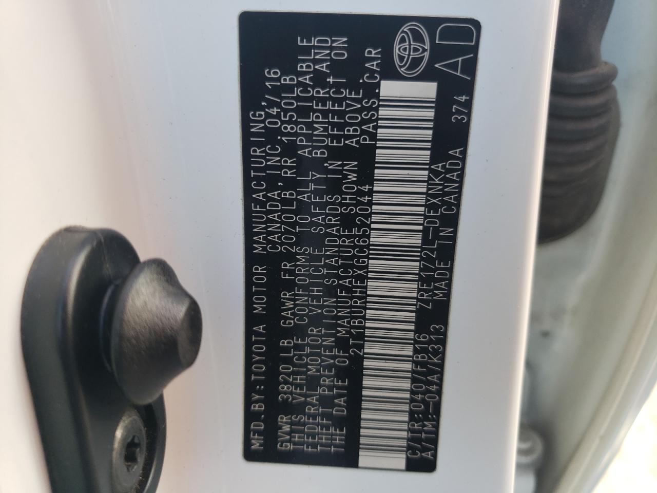 Photo 11 from auction – 2016 TOYOTA COROLLA L with VIN 2T1BURHEXGC652044