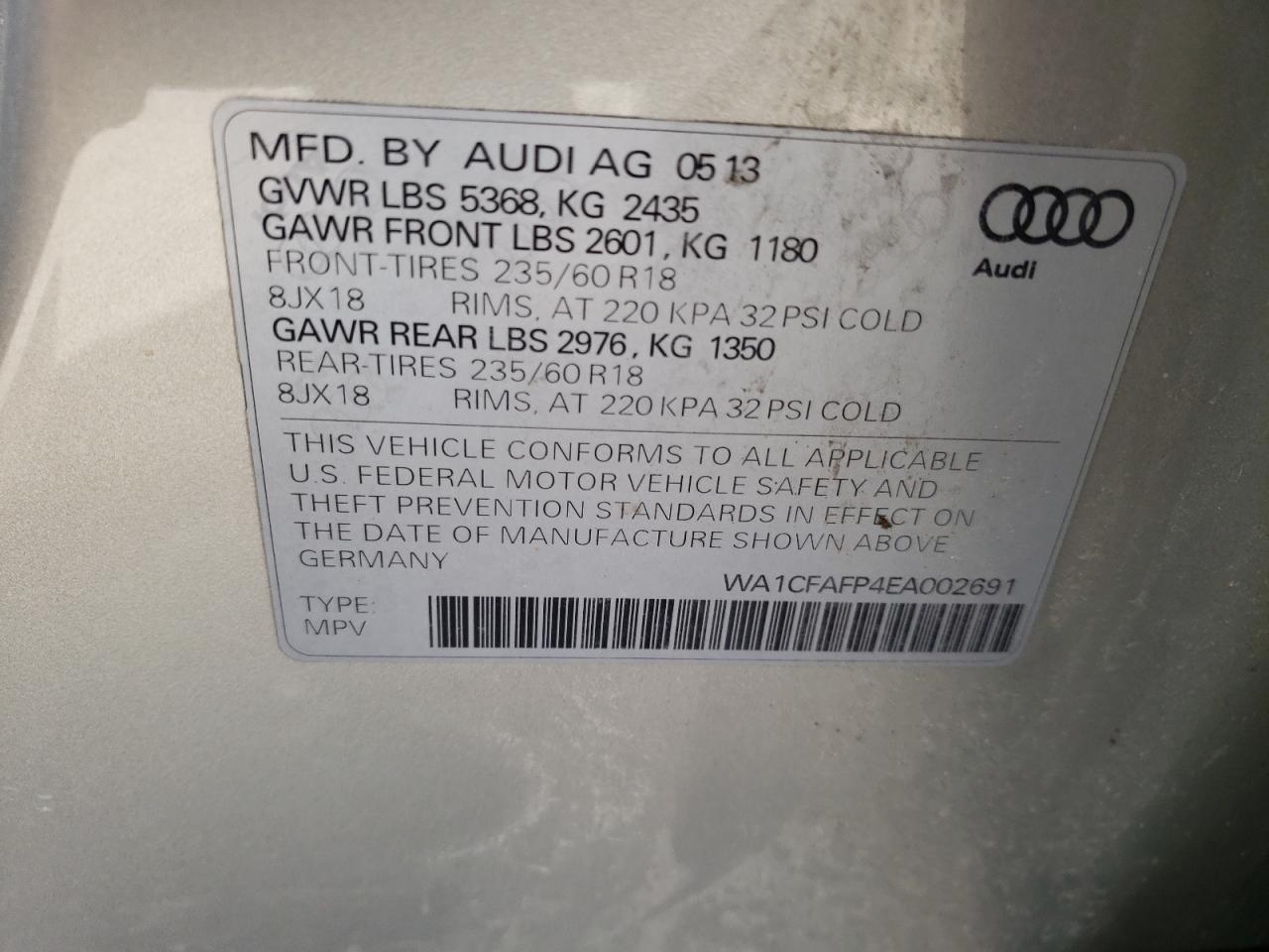 Photo 10 from auction – 2014 AUDI Q5 PREMIUM with VIN WA1CFAFP4EA002691