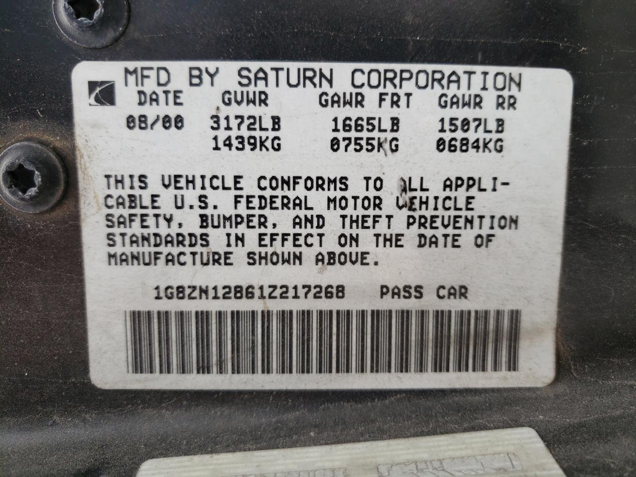 Photo 10 from auction – 2001 SATURN SC1 with VIN 1G8ZN12861Z217268